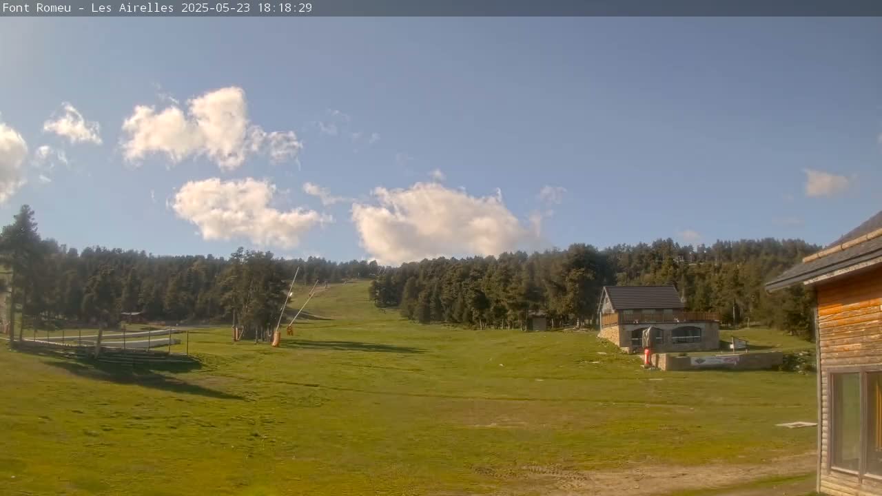 A grassy hillside with a few buildings and a forest in the background under a mostly sunny sky with scattered cumulus clouds.