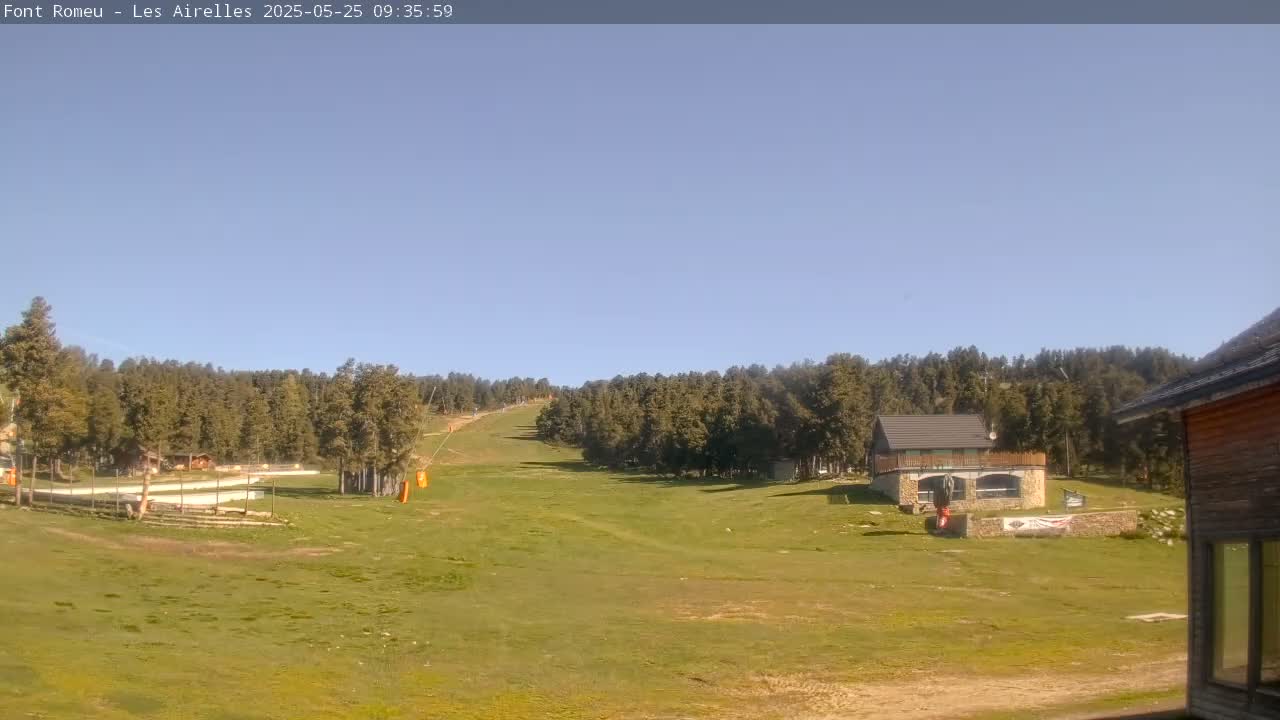 A grassy slope leads up to a forested hill under a clear blue sky, with a small building and lift visible near the base.