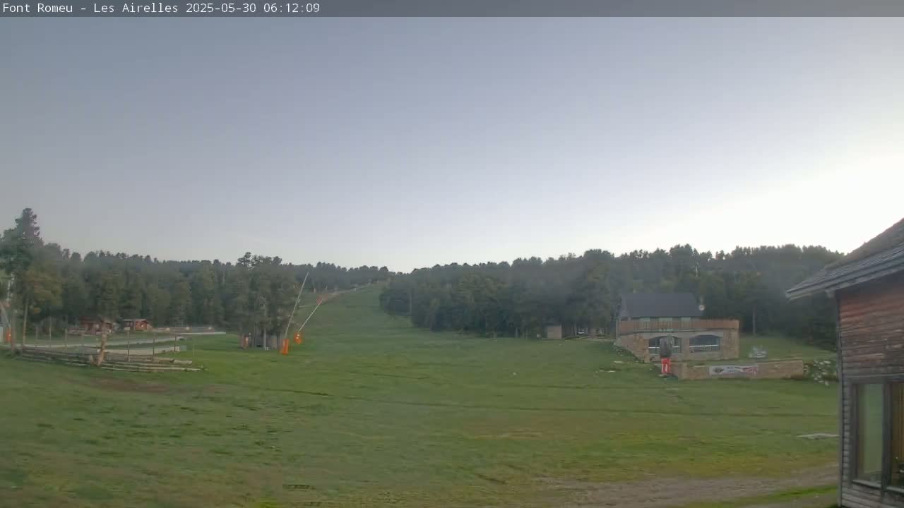 A grassy ski slope is visible, surrounded by a line of trees under a clear, light-grey sky.