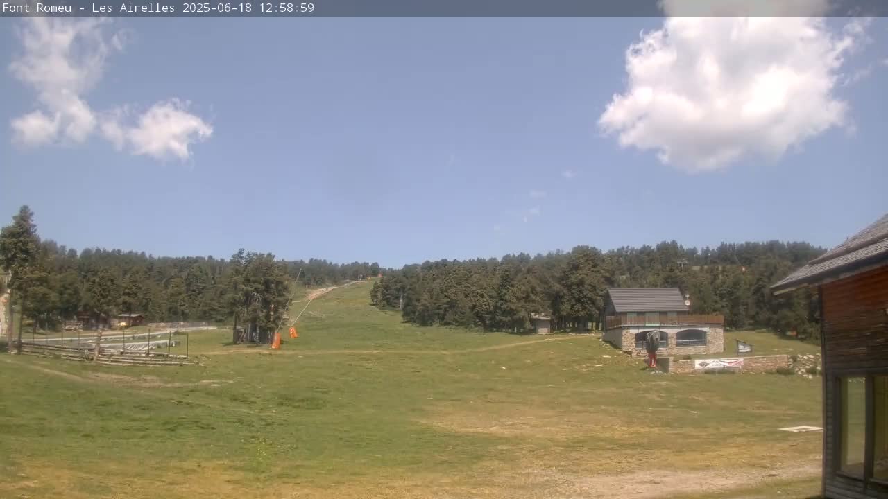 A grassy field with a ski lift and a few buildings is visible under a partly sunny sky.