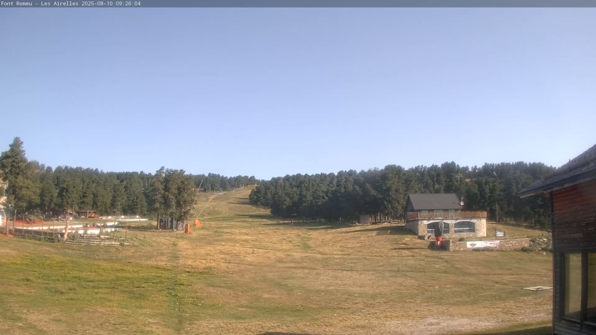 A sunny day reveals a ski slope with dry, grassy areas, a few buildings, and a forest of evergreen trees in the background.