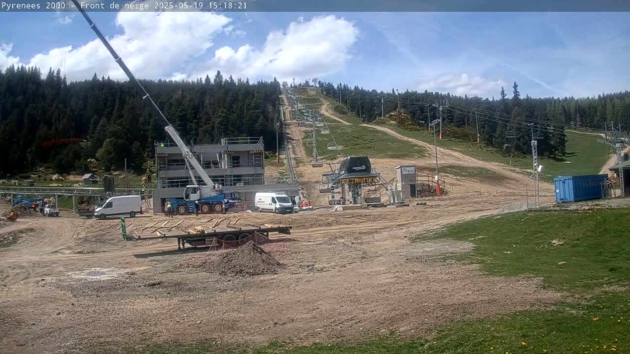 A partly cloudy sky overlooks a construction site at a ski resort, with a crane, vehicles, and a partially built structure visible amidst the bare earth and a chairlift under construction.