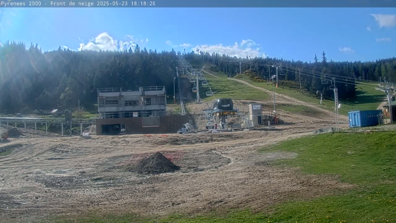 A mostly sunny day reveals a ski lift under construction, surrounded by bare earth and a grassy hillside dotted with evergreens.