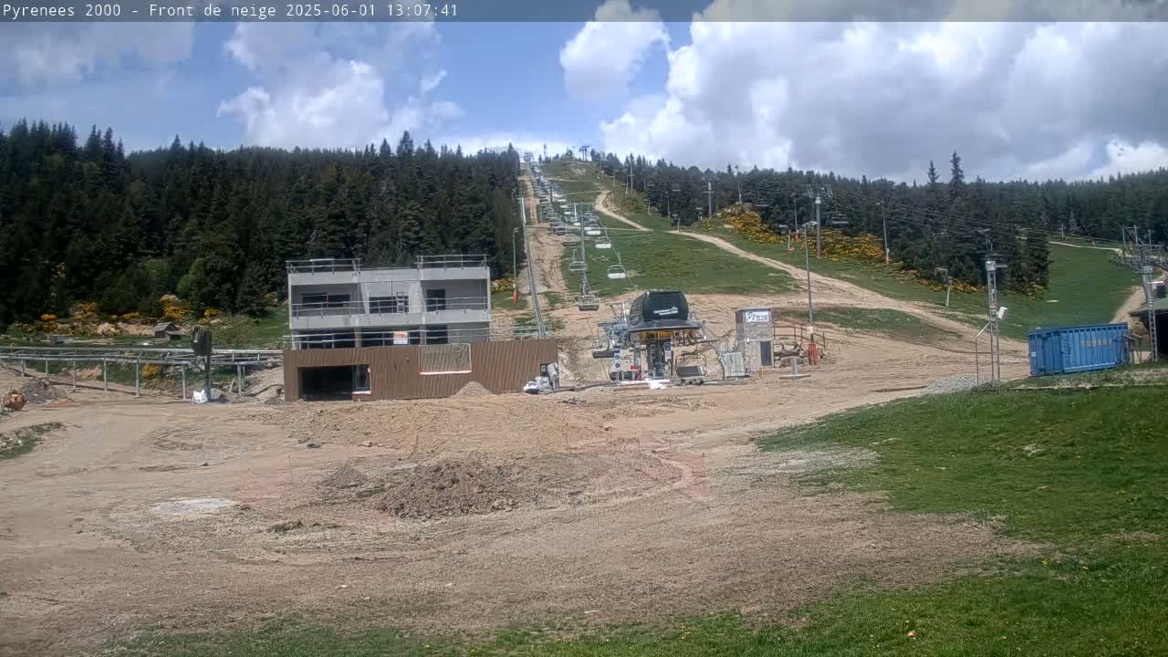 A partially-constructed building sits near a chairlift on a mostly-dirt ski slope under a partly cloudy sky.