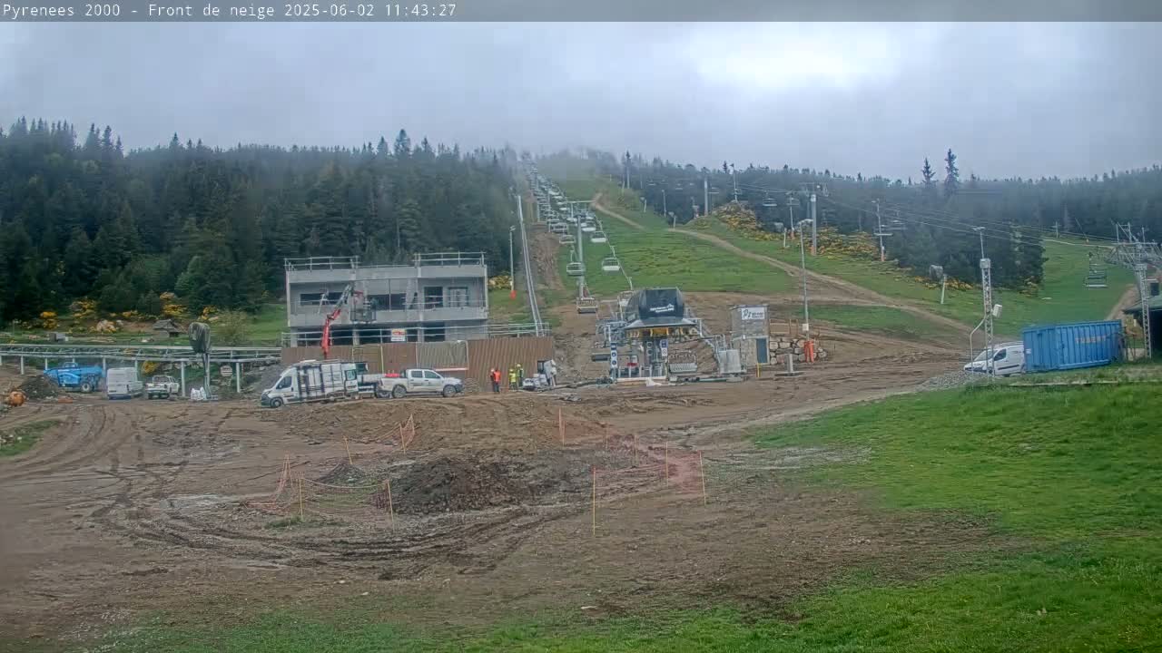 A ski lift and construction site are visible on a muddy hillside under an overcast sky, with several vehicles and workers present.