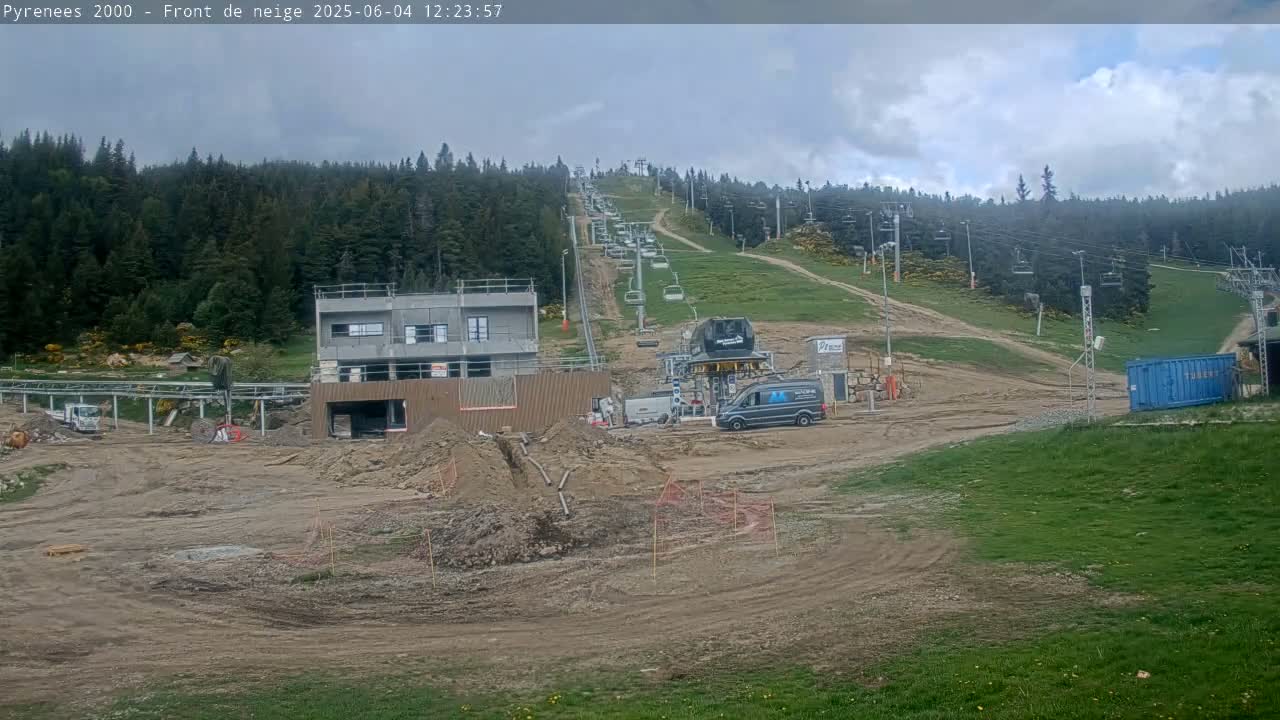 A mostly cloudy day shows construction in progress at the base of a ski lift, with a grassy hill and coniferous forest in the background.