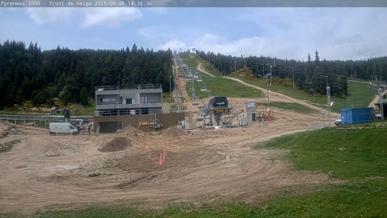 A partially cloudy day reveals a ski lift under construction amidst a mostly dirt landscape, surrounded by green hills and a forest of dark evergreen trees.