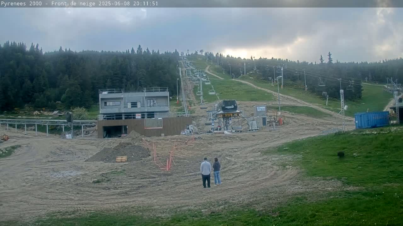A partly cloudy sky overlooks a mountain ski lift under construction, with two people standing near a building amidst the dirt and scattered construction materials.