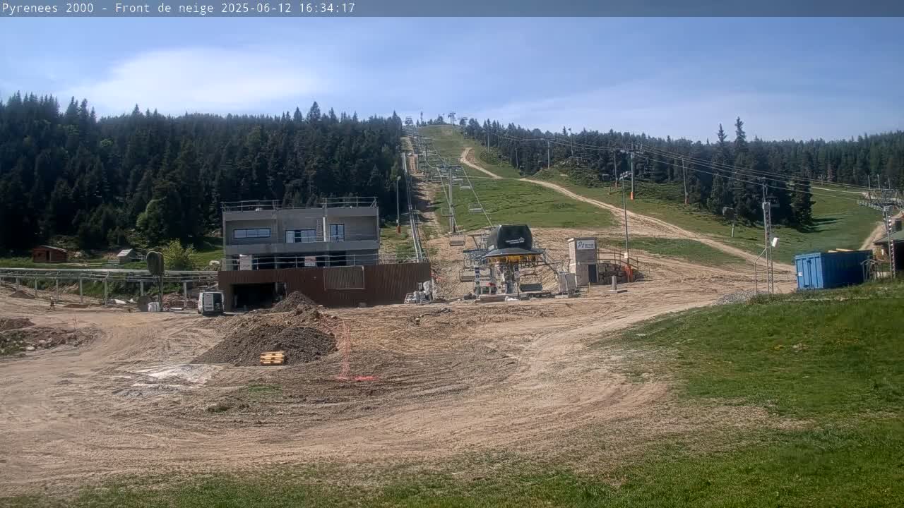 A mostly sunny day reveals a ski lift under construction, with dirt and construction materials scattered around a partially built building and grassy hillsides in the background.