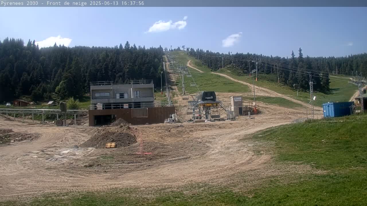A mostly clear day reveals a ski lift under construction in a mountainous area, with a building under construction nearby and piles of dirt scattered around.