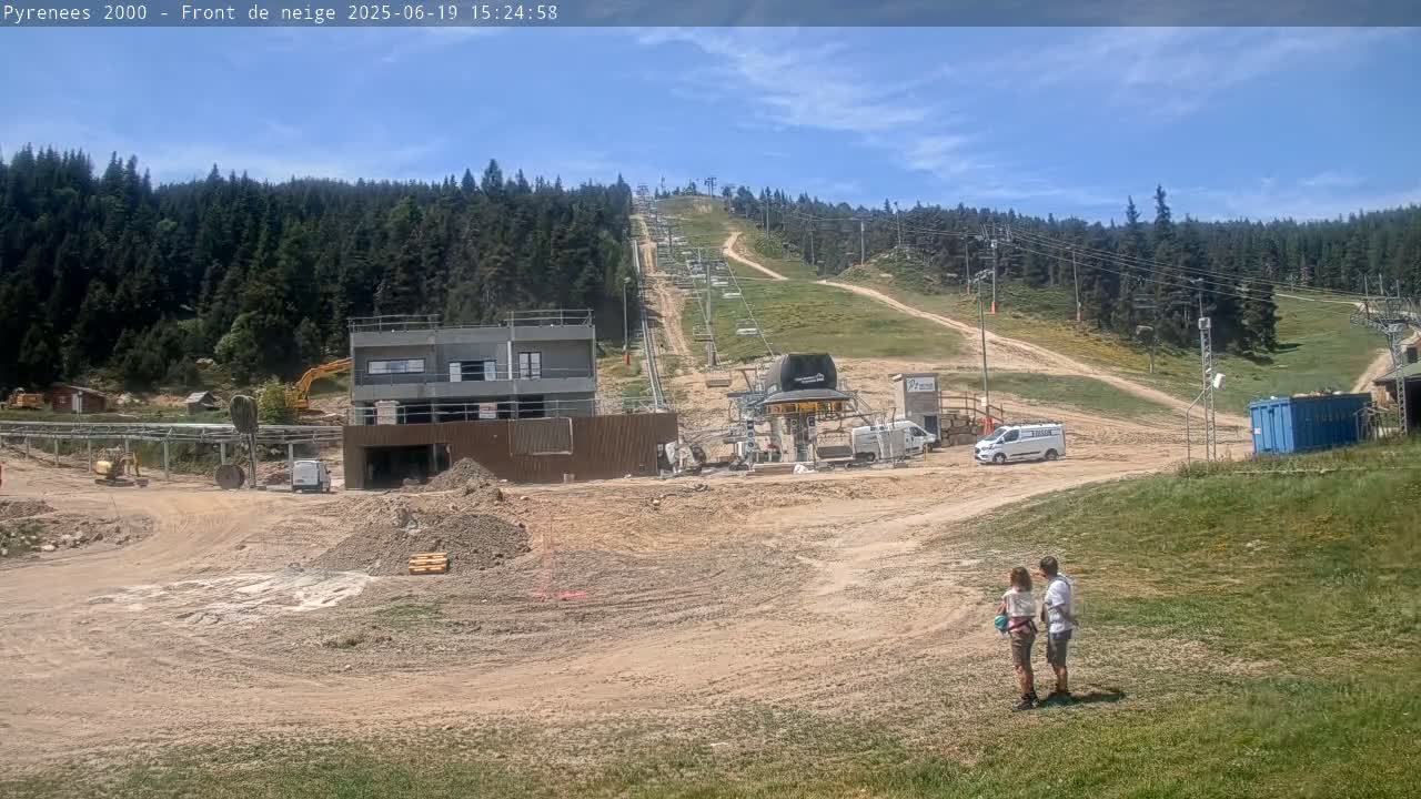 A ski lift and a partially constructed building are visible in a mountainous area under sunny skies, with construction equipment and vehicles present on a dusty, dirt ground.