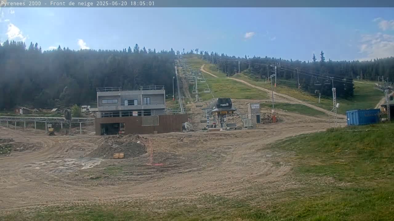 A mostly sunny day reveals a ski lift under construction in a mountainous area, with brown dirt and sparse green grass dominating the foreground.
