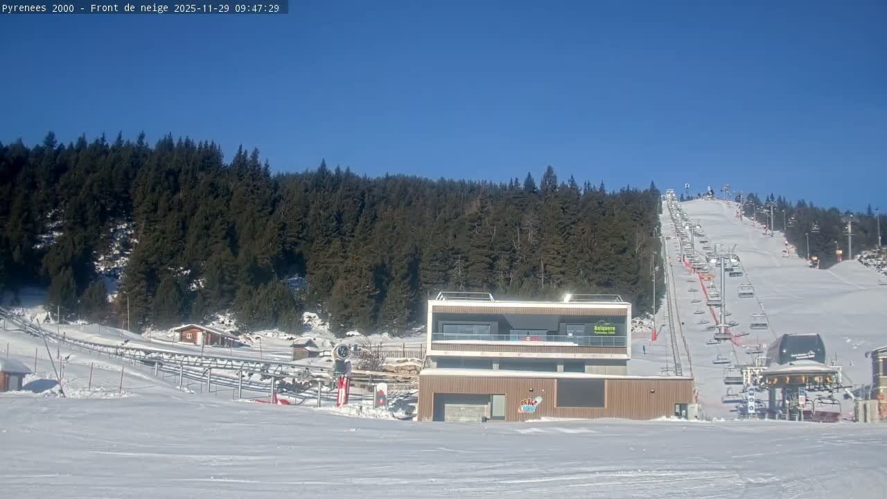 A sunny winter day at a ski resort features a snowy slope with numerous chairlifts ascending a mountainside, dense pine forests, and various buildings, all under a clear blue sky.