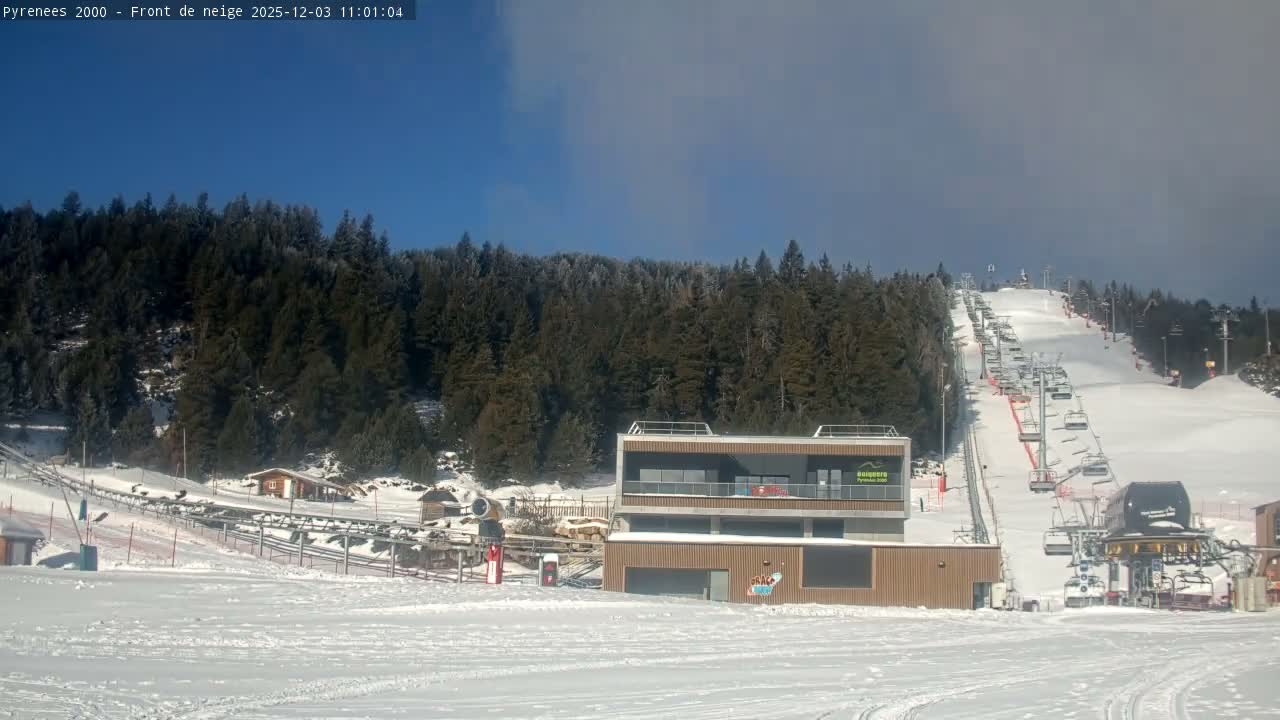 A snow-covered ski resort features a ski slope with multiple chairlifts ascending a pine-forested mountain, a modern lodge at its base, and partly cloudy skies transitioning from clear blue to overcast.