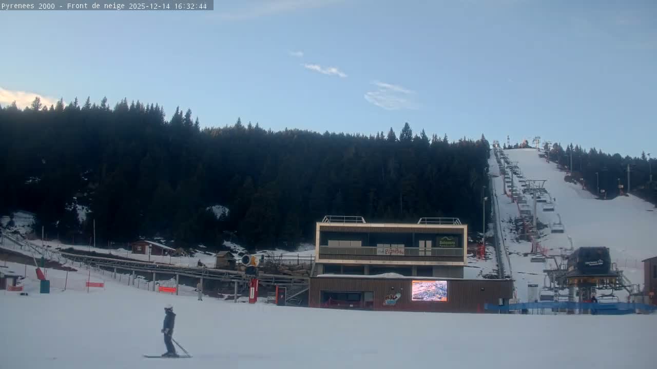 A snow-covered ski resort features a ski slope with multiple chairlifts ascending a pine-forested mountain, a modern lodge at its base, and partly cloudy skies transitioning from clear blue to overcast.
