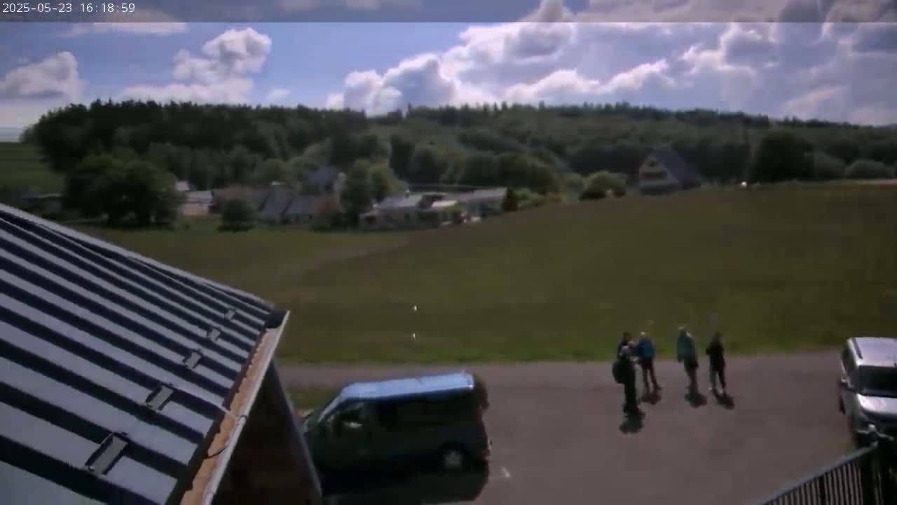 A partly cloudy day reveals a view of a grassy field with a few buildings and trees in the distance, a few people standing in a parking area near a blue van and a silver SUV, and a dark gray roof in the foreground.