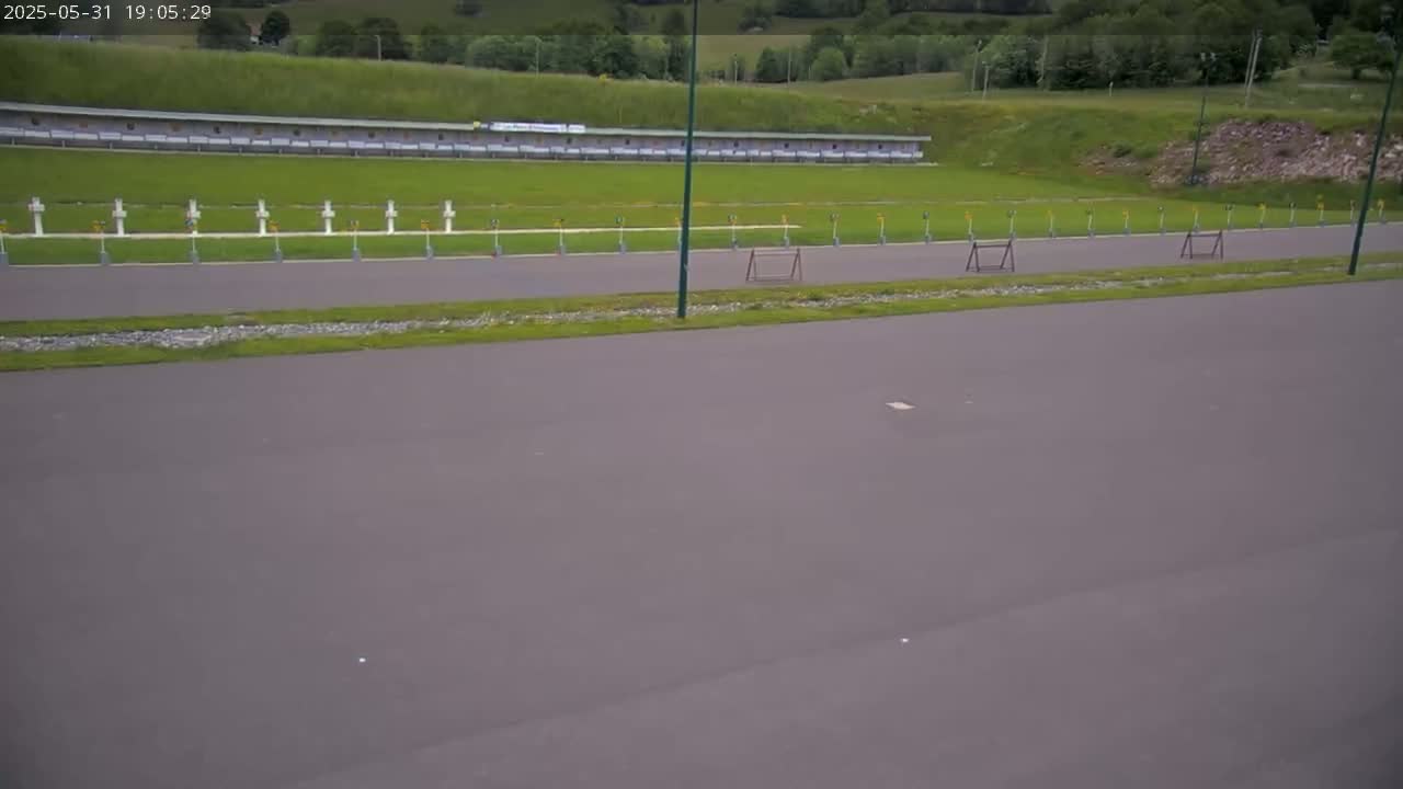 A paved shooting range with targets and a long building in the background, set against a grassy hillside under a cloudy sky.