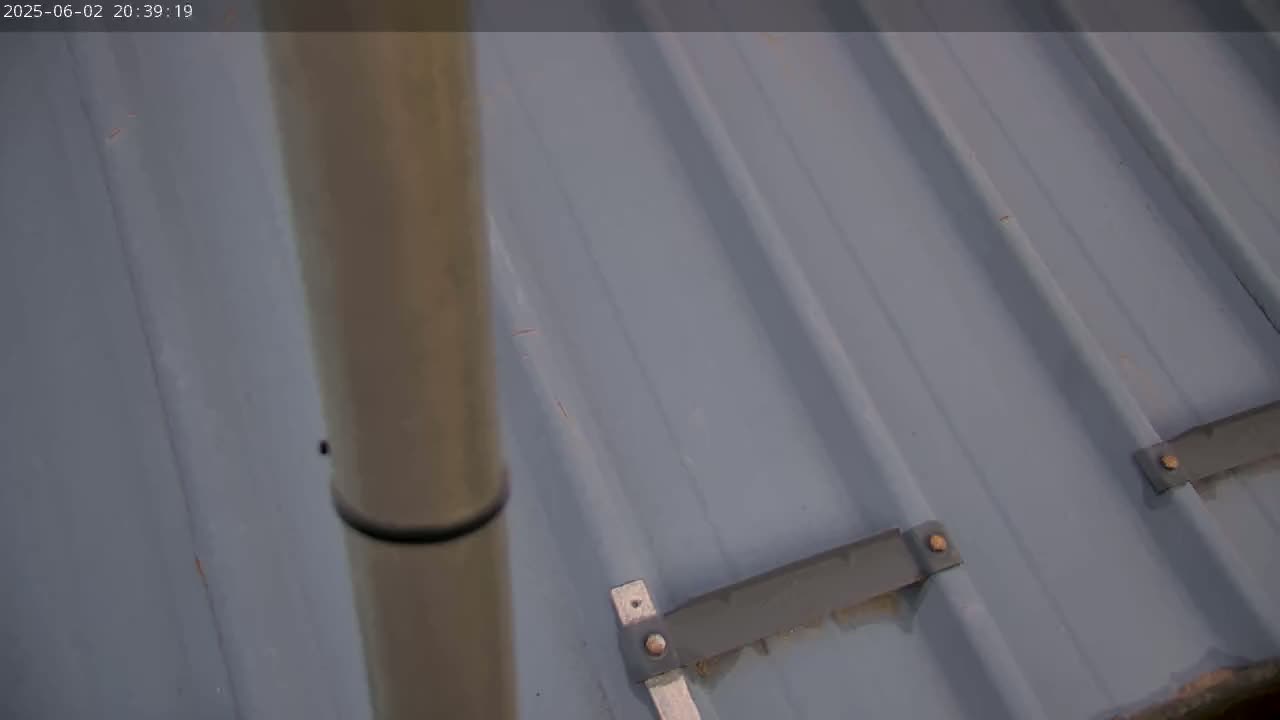 A close-up view shows a gray corrugated metal roof with a light-colored pipe running vertically along the edge.