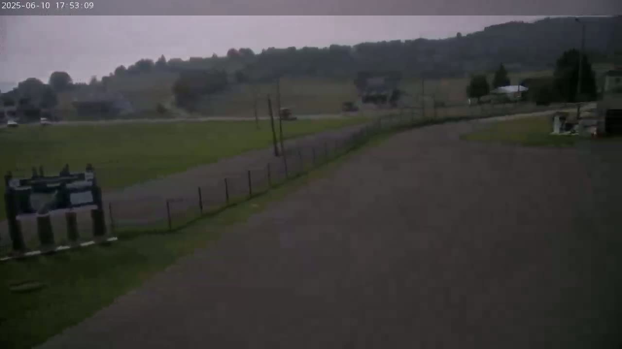 A wide shot shows a paved road and grassy area under an overcast sky.