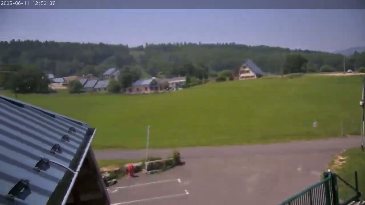 A view from a rooftop shows a grassy field, several buildings, and a forest in the background under a mostly clear sky.