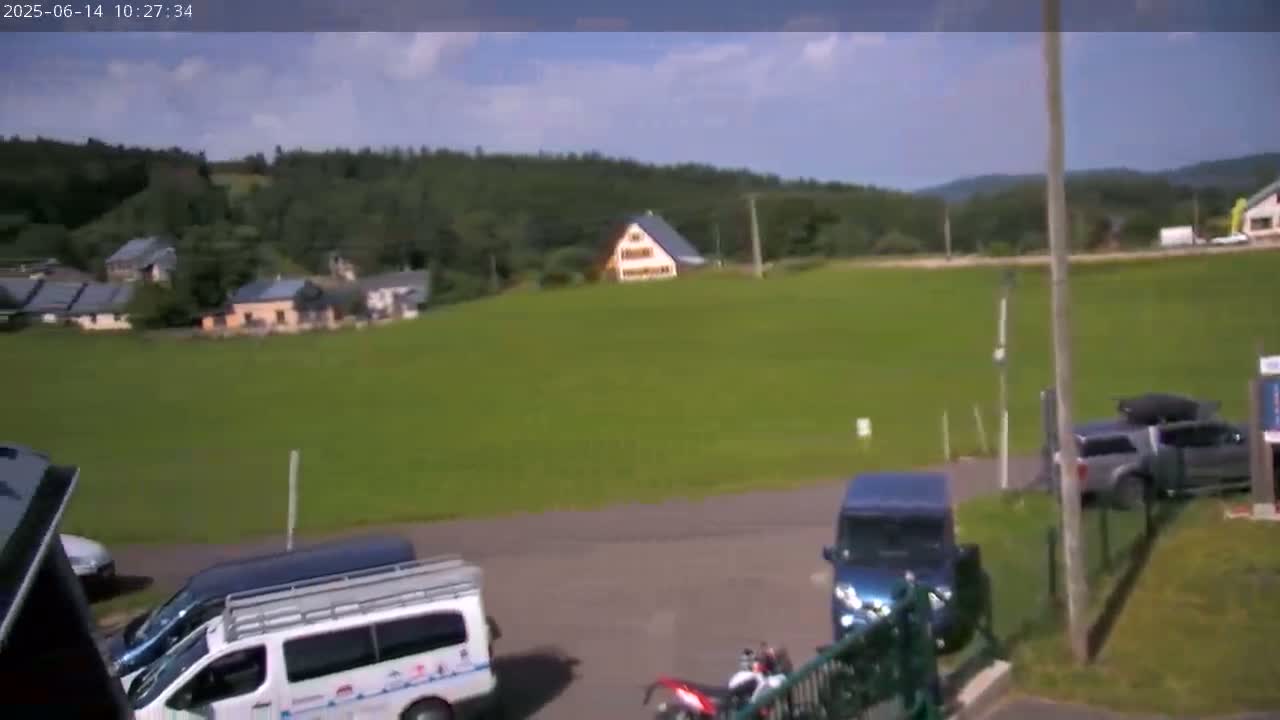 A mostly sunny day reveals a large grassy field with several parked cars and vans, a few houses, and a line of trees in the background.