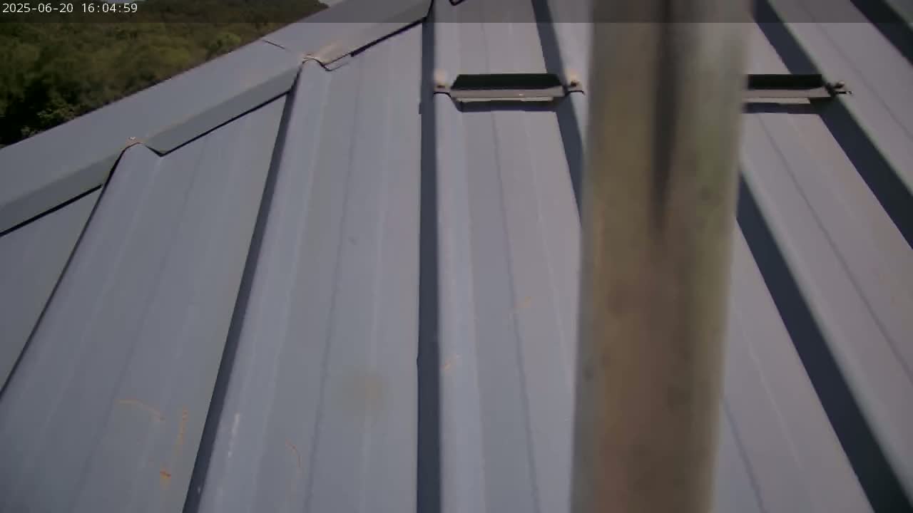A gray metal roof is seen from a close-up angle on a sunny day, with a metal pole partially obscuring the view.