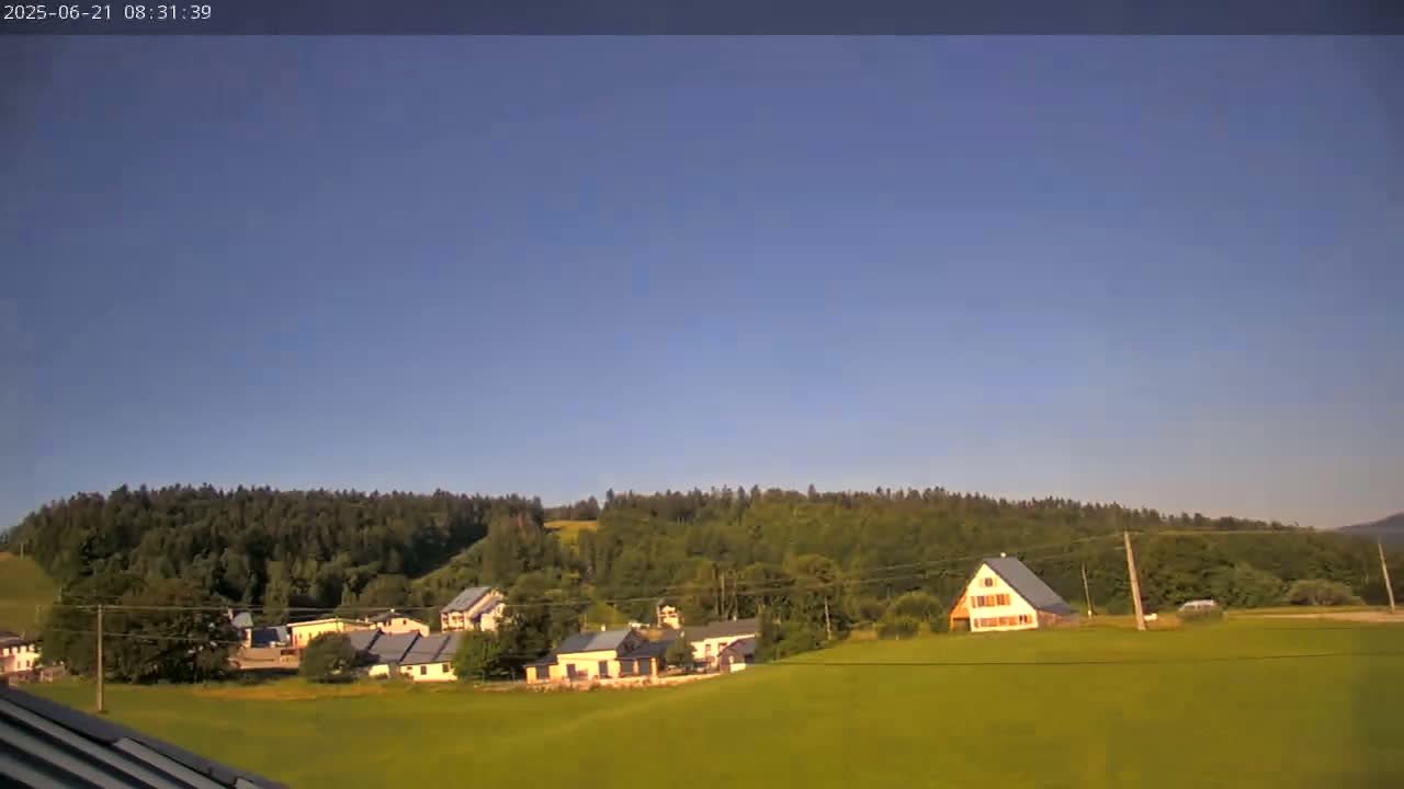 A clear blue sky overlooks a grassy field with several buildings and a forest in the background.