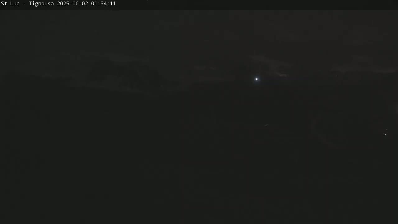 A dark, nighttime scene with a few faint lights visible in the distance under a cloudy sky.
