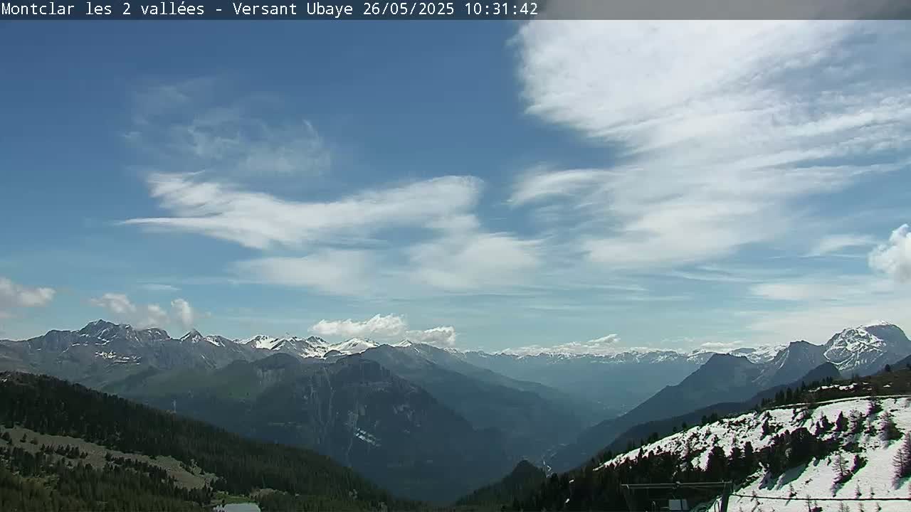 A partly cloudy sky overlooks a vast mountain range with snow-capped peaks and patches of snow visible on the lower slopes.