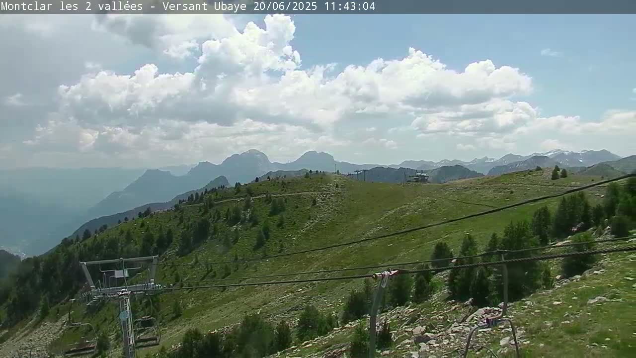 A partly cloudy sky overlooks a grassy mountainside with a chairlift and distant mountain ranges.