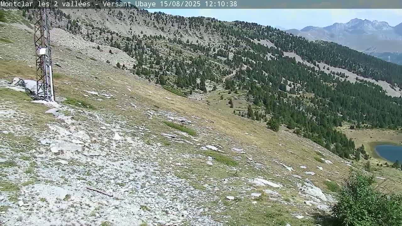 A rocky, grassy mountain slope descends toward a valley with coniferous forests and small lakes under a mostly sunny sky.