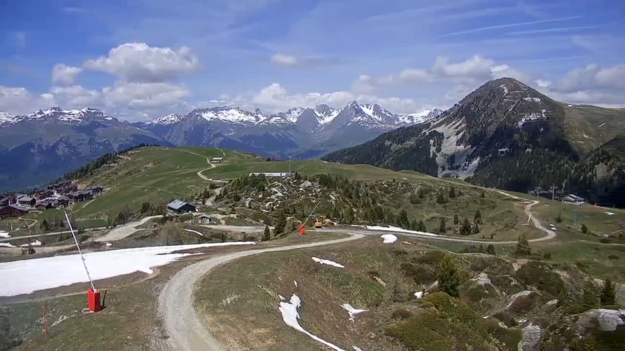 A winding dirt road meanders through a grassy mountain landscape with patches of snow, overlooking a village nestled in a valley beneath snow-capped mountains under a partly cloudy sky.