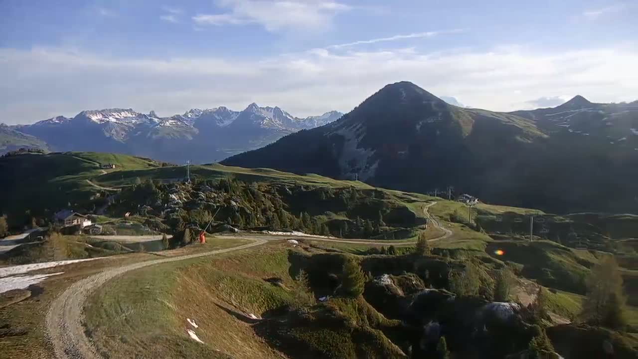 A winding dirt road meanders through a mountainous landscape under a mostly clear, sunny sky, with snow-capped peaks in the distance.