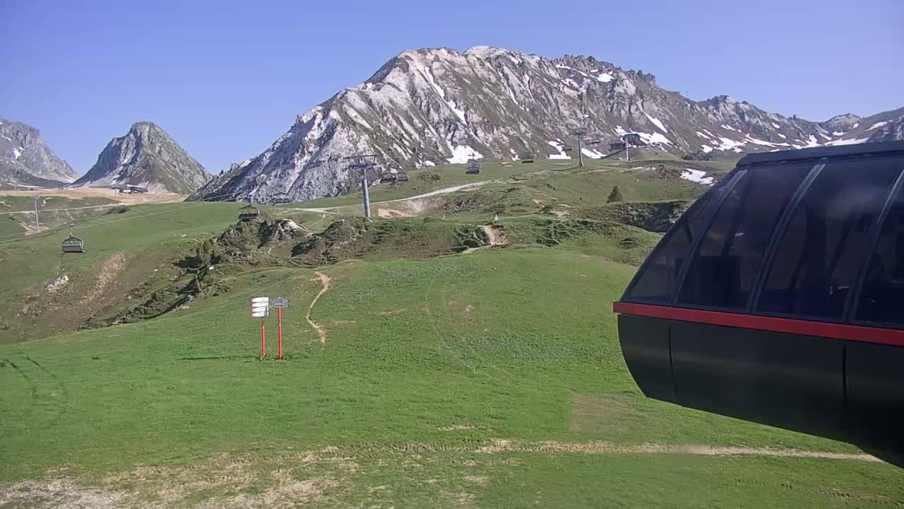 A grassy mountain landscape with snow-capped peaks in the background under a clear blue sky, partially obscured by a gondola car in the foreground.