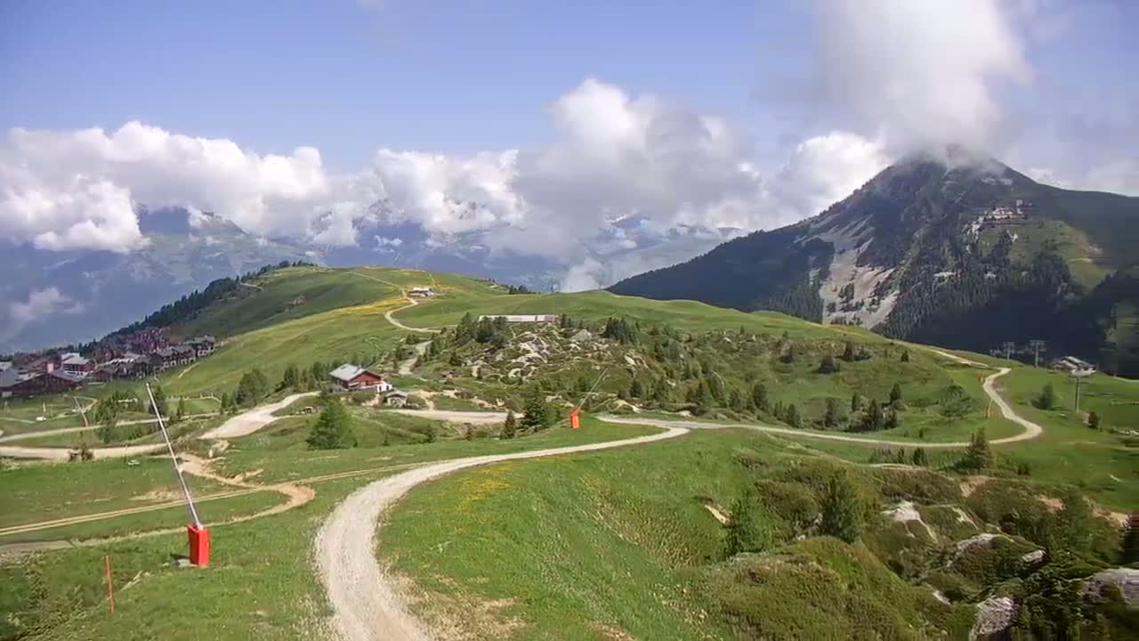 A winding dirt road curves through a verdant mountain landscape under a partly cloudy sky.