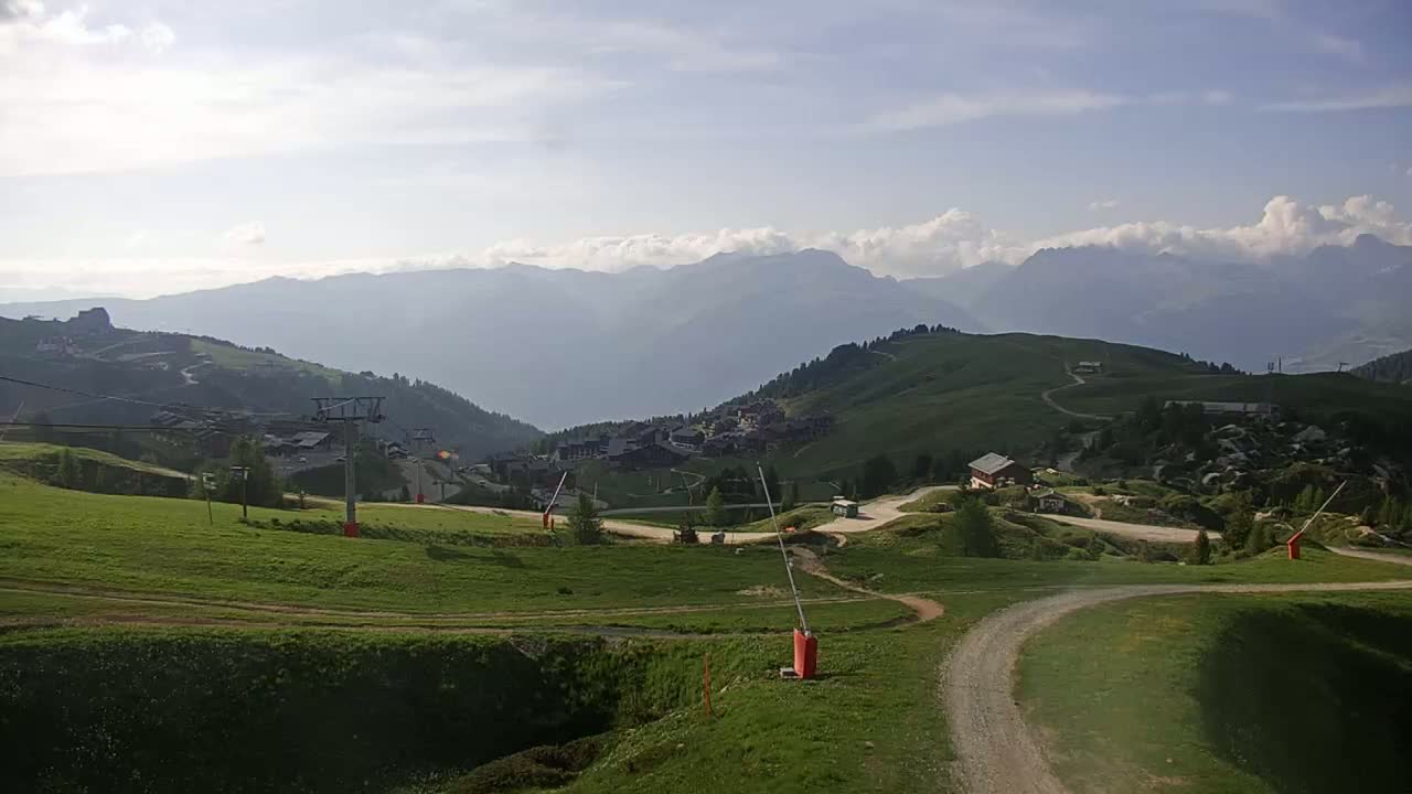 A mountain village nestled in a valley, with grassy slopes, a chairlift, and a dirt road winding through the landscape under a partly cloudy sky.