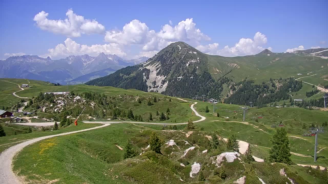 A winding dirt road meanders through a grassy mountain landscape under a partly cloudy blue sky, with ski lifts and distant mountain ranges visible.