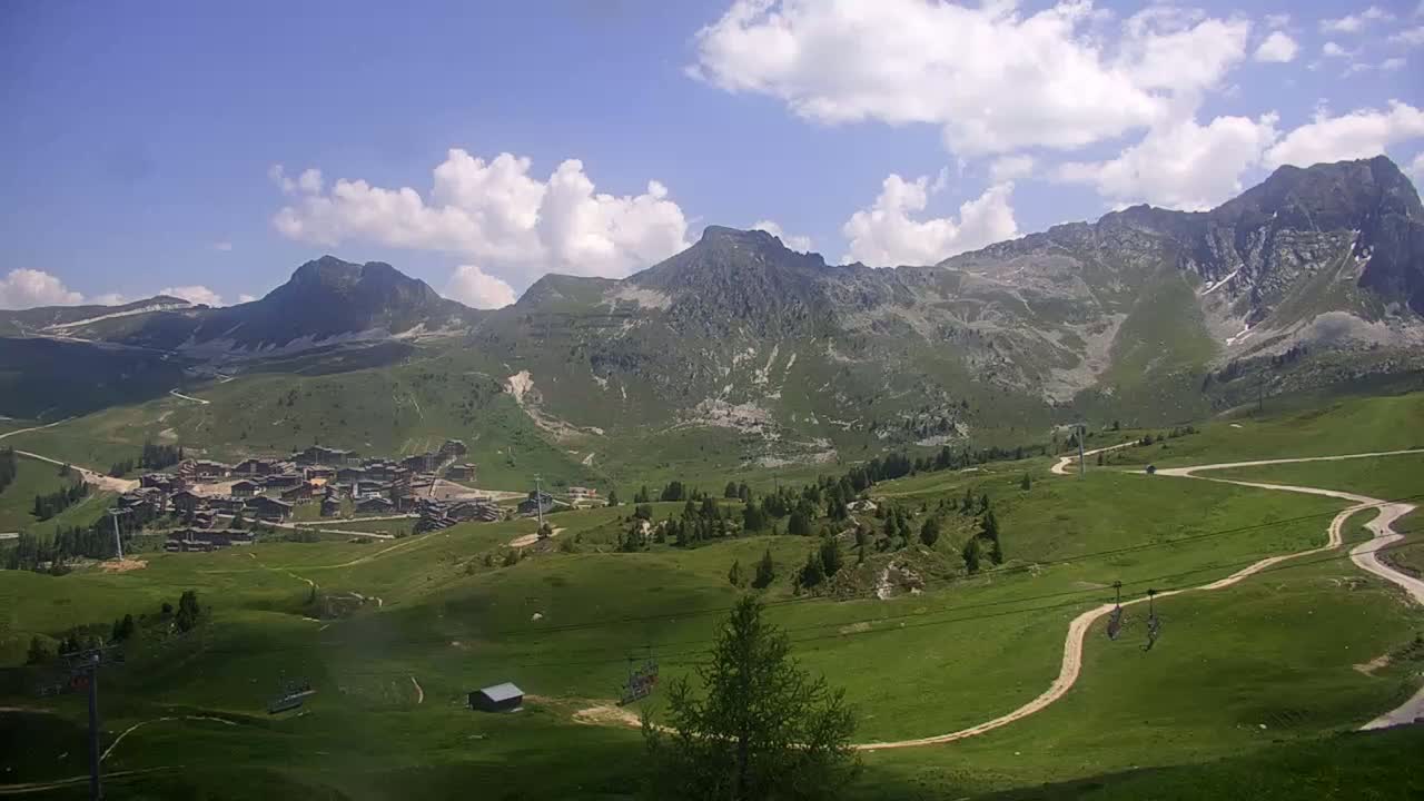 A mountain village nestled in a valley, surrounded by rolling green hills and imposing mountains under a partly cloudy sky.
