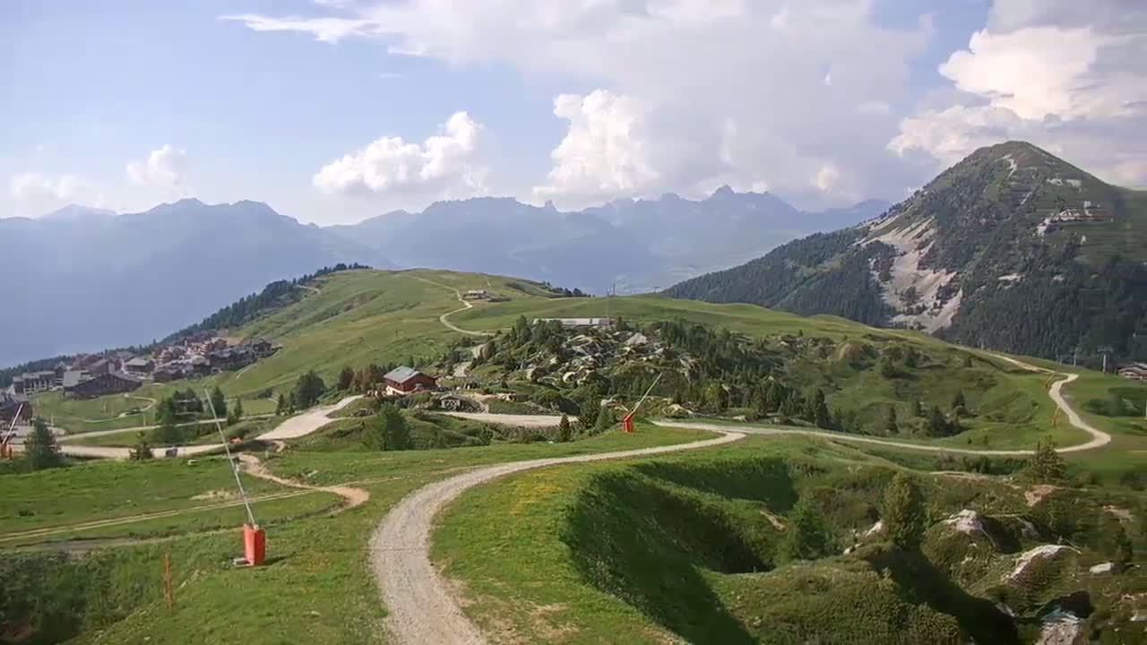A winding dirt road meanders through a grassy mountain landscape under a partly cloudy sky, with a village and distant mountain ranges visible.
