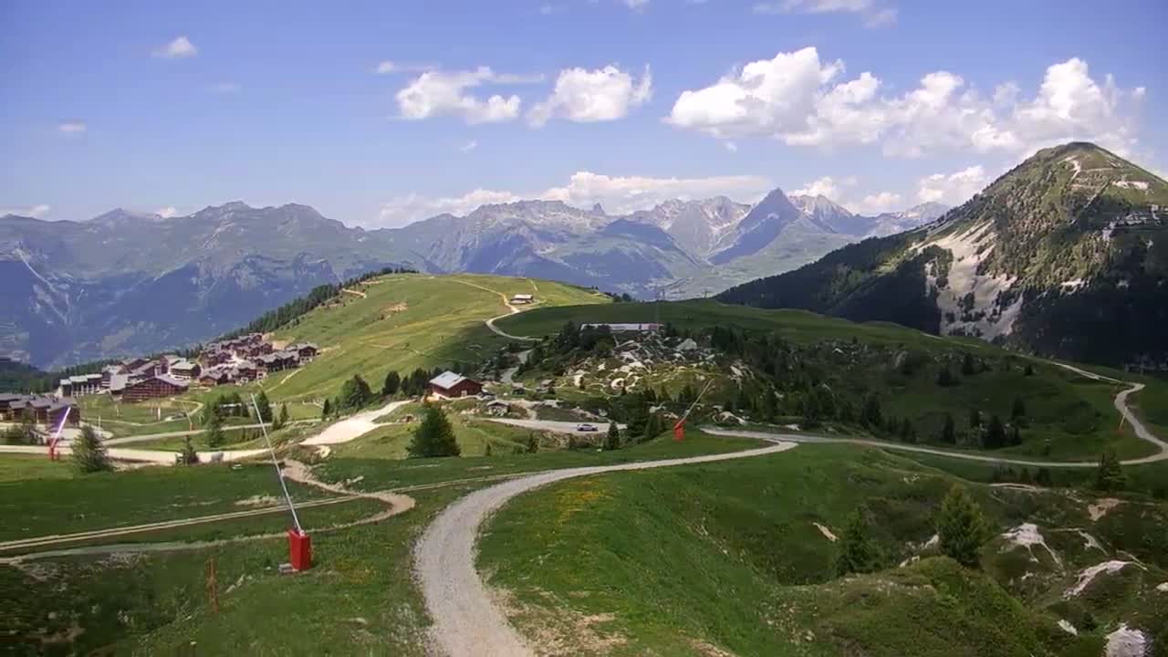 A winding dirt road leads through a grassy mountain landscape under a partly cloudy blue sky, with a small village and distant mountain range visible.