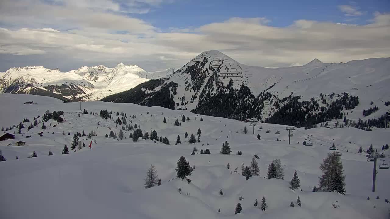 A sprawling snow-covered mountain landscape, featuring evergreen trees, multiple ski lifts, and a prominent peak with avalanche barriers, extends under a partly cloudy sky with patches of blue.