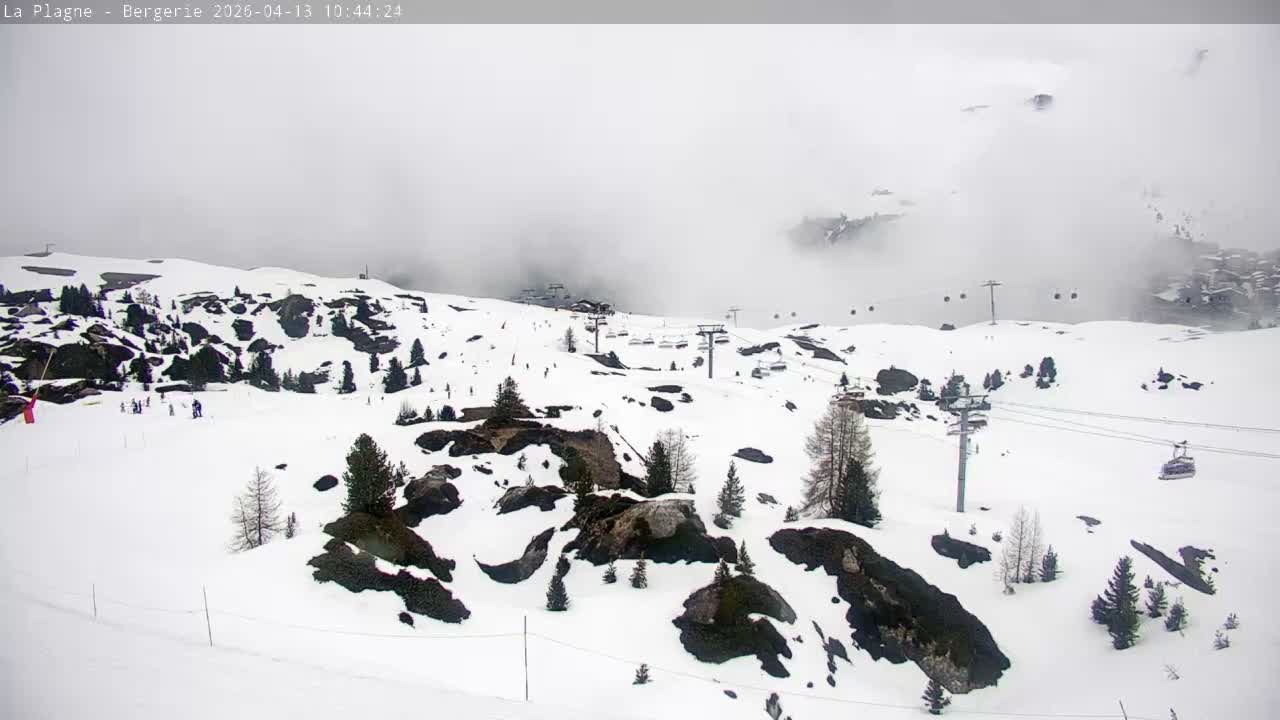 A sprawling snow-covered mountain landscape, featuring evergreen trees, multiple ski lifts, and a prominent peak with avalanche barriers, extends under a partly cloudy sky with patches of blue.