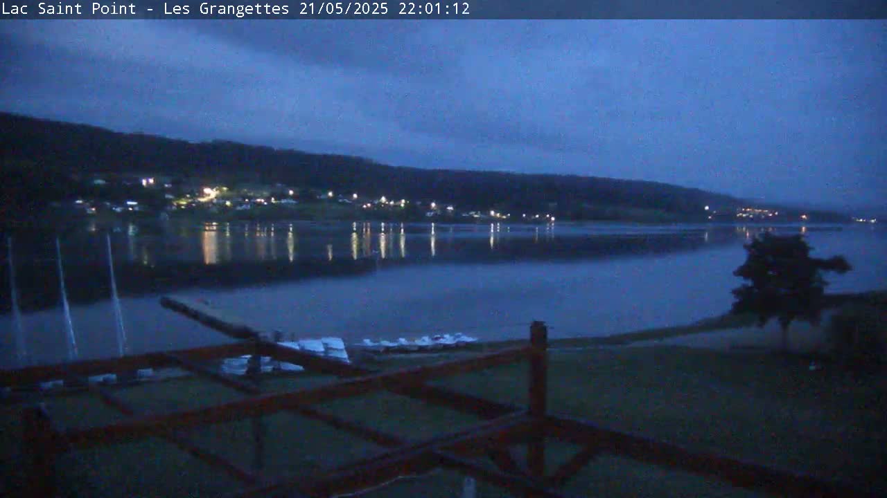 A calm lake at twilight reflects the lights of a distant town, with several boats moored at a lakeside dock.