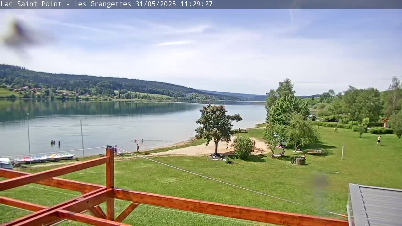 A mostly sunny view of a lake with a sandy beach and grassy area, a few people are swimming and relaxing near the shore, and boats are docked nearby.