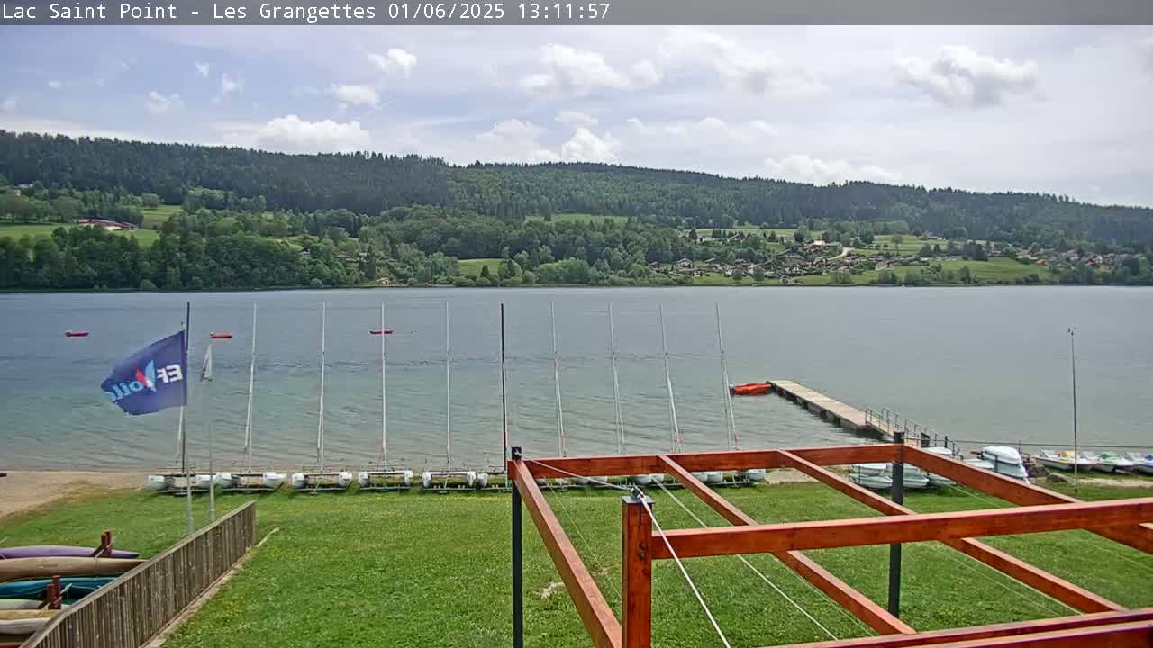 A partly cloudy day reveals a calm lake with numerous sailboats docked near a wooden structure, all set against a backdrop of lush green hills and a distant village.