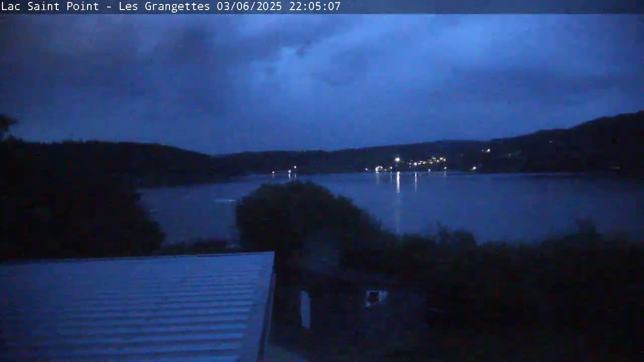 A dark blue, twilight sky over a calm lake, with a hillside and sparse lights visible in the distance.