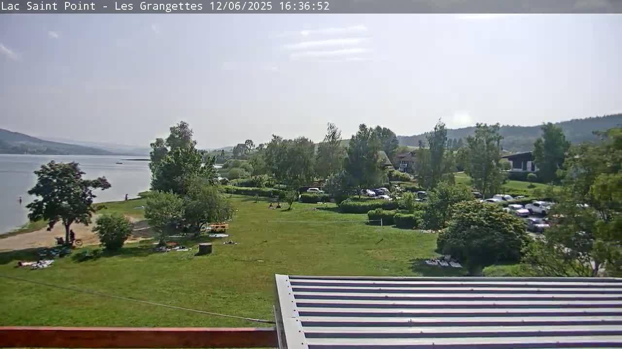 A sunny view overlooking a calm lake, a grassy area with people relaxing, and a parking lot full of cars, all surrounded by lush green trees and hills in the background.