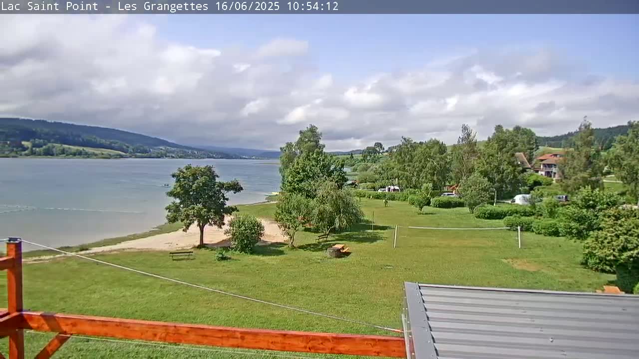 A partly cloudy day overlooks a calm lake, a grassy area with trees and picnic tables, and a sandy beach.