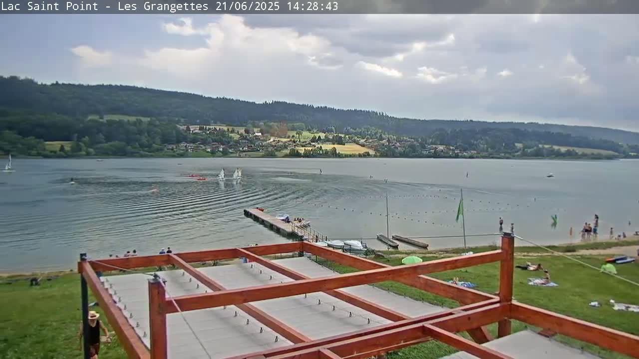 A partly cloudy day overlooks a lake with sailboats and people swimming, sunbathing, and relaxing on the shore near a wooden structure with a gray fabric cover.