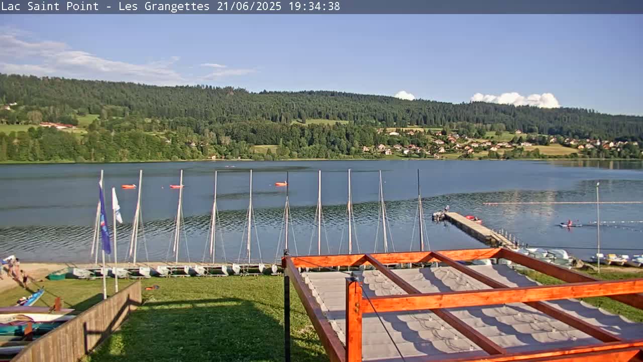 A calm lake with sailboats moored at a lakeside facility is viewed from a slightly elevated position on a sunny day, with forested hills visible in the background.